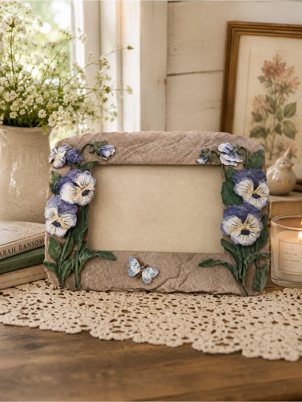 Floral Pansy Photo Frame in Purple and Cream - Home Accents 6x4